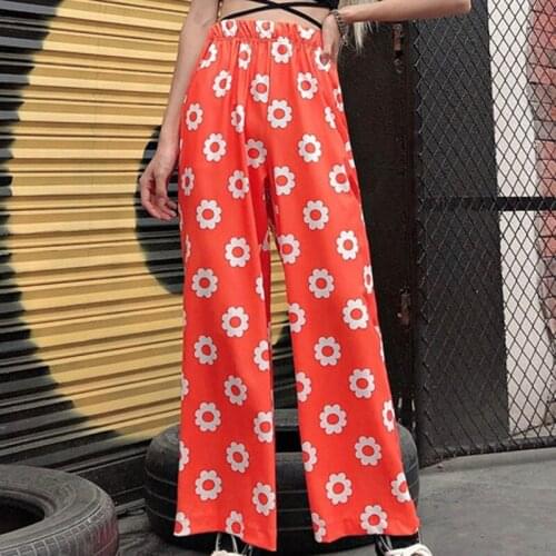 Women Plus Size Cool Girl Punk Style Pants 2021 Summer Casual Floral Printed Loose High Waist Ladies Bright Wide Leg Trousers