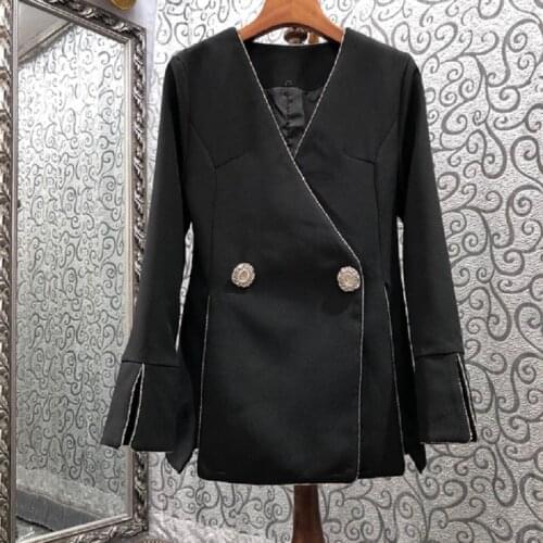 High Quality New Blazer Coats 2021 Autumn Winter Outerwear Coat Women V-Neck Beading Deco Long Sleeve Black Blazers Female