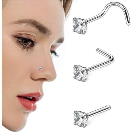 1PC Stainless Steel Nose Stud Round 3MM CZ Crystal Nose Piercings L Shape Nose Ring Nostril Body Piercing Jewelry 20G