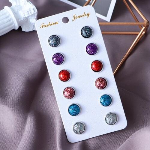 6 Pairs/Set Colorful Shiny Unique Stud Earrings Durzy Round Crystal Ear Stud Trendy Charm Rhinestone 12mm Stud Party Jewelry