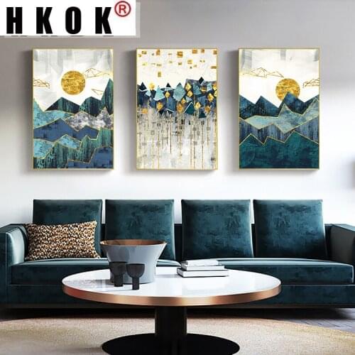 HKOK Abstract Golden Sunrise Mountain Landscape Impressionist Wall Art Canvas Painting Poster Picture Living Room Home Decor