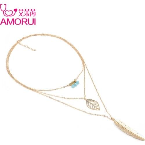 AMORUI New Multilayer Long Chain Necklace 3 Layer Blue Bead Leaf Pendant Necklace Fashion Feather Necklaces Jewelry Bijoux Gift