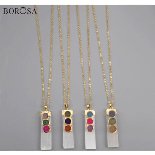 BOROSA 5Pcs 26" Gold Plating Rectangle Shape Selenite Stone & Round Rainbow Agates Druzy Pendant Necklace Women Jewelry G1854