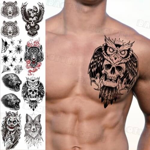 Black Owl Skull Temporary Tattoos For Men Kids Fake Tiger Spider Wolf Lion Clown Tattoo Sticker Realistic Chest Front Arm Tatoos