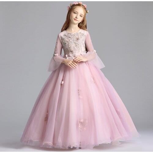 Flower Girl Dresses Princess Appliques Pearls Ball Gown Floor-Length Tulle Lace O-Neck Luxury Embroidery Kids Party Skirt H108