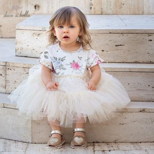 DB13618 dave bella summer baby girls cute floral print mesh dress children fashion party dress kids infant lolita clothes