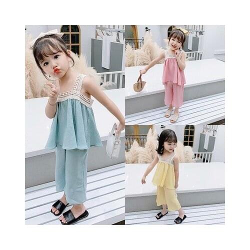 Summer new 3-7 year old childrens childrens clothing little girl suspenders vest nine points pants stitching lace girl suit