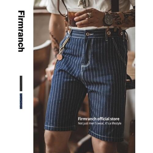 Firmranch Men/Women American Vintage 90s Hommes Short Jeans For Men Striped Denim Jeans Amekaji Suspenders American Work Pants