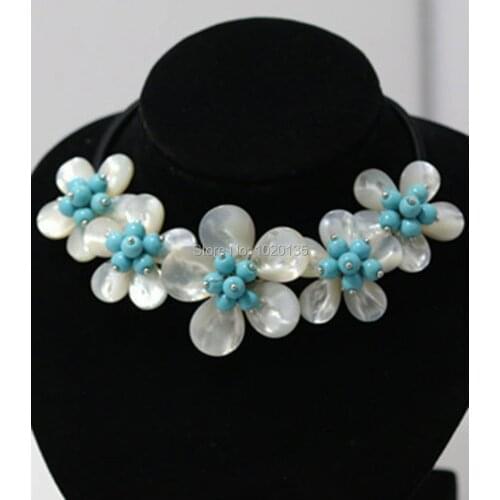 White shell flower turquois round necklace 18inch wholesale beads nature gift discount FPPJ