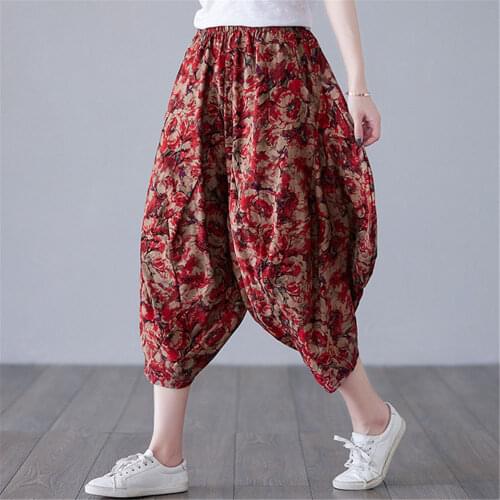 Linen Capri Harem Pants Vintage Rose Print Cotton Cropped Trousers Wide Leg Elastic Waist Bloomers Side Pocket Femme Sarouel