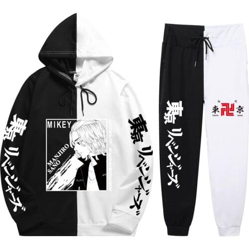 Fashion Trend Summer Autumn Unisex 2 Pieces Sets Anime Tokyo Revengers Print Loose Patchwork Thin Hoodie+Patchwork Pants