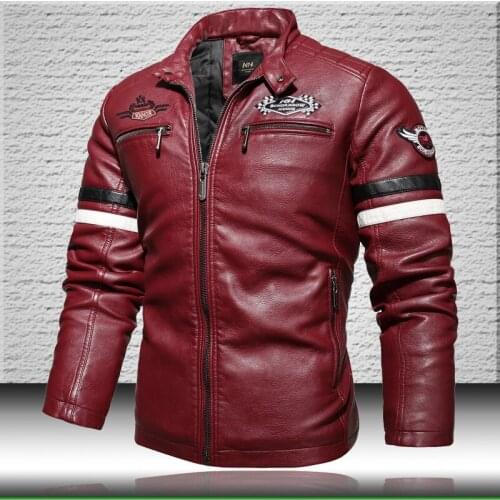 Embroidery Moto Leather Jacket Men 2021 Fashion Zipper Jacket Leather Men Stand Collar Faux Leather Bomber Jacket Coat