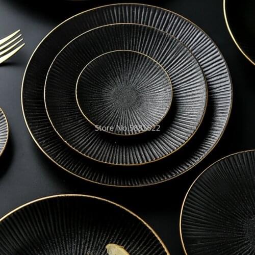 Western plate steak plate set household ceramic plate dinner plate black tableware breakfast plate round flat plate