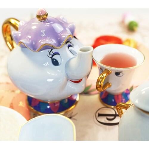 Genuine Cartoon Beauty And The Beast Tea Set Mrs Potts Teapot Chip Cup Sugar Bowl Pot Set Coffee Kettle Christmas Gift