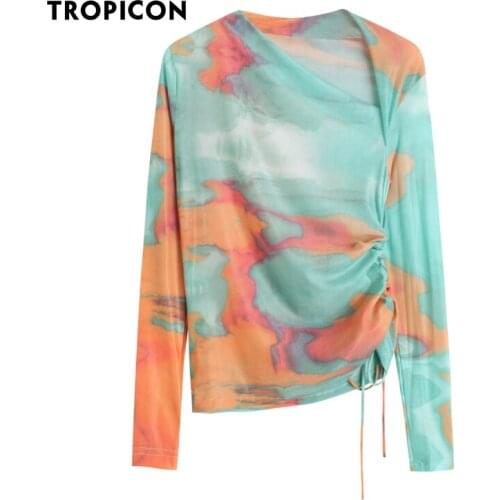 TROPICON Autumn Mesh Tops Women 2020 Long Sleeve T Shirt Asymmetrical Neck Tshirt Abstraction Print See Through Top Clothes