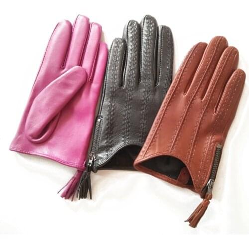 Lady Short Style Genuine Leather Gloves Autumn Winter Thin Velvet Lined Driving Tassel Zipper Woman Sheepskin Gloves TB80