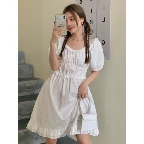 Dress for Women Square Collar White Short-sleeved Dress Female Summer New Korean Style High-waisted Thin A-line Skirt