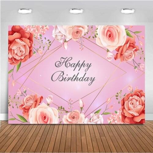 Rose Gold Glitter Happy Birthday Backdrop Floral Flowers Dots Adult Girl Birthday Party Background Decoration Custom Photography