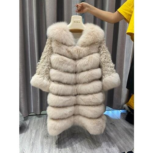 Women Three Quarter Full Piece Real Fox Fur Body Coat Long Ourterwear with Lamb Wool Sleeves