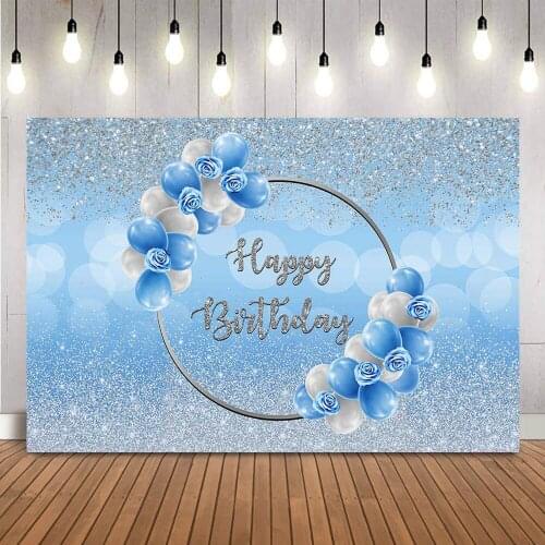 Light Blue Boeh Sliver Glitter Birthday Backdrop Adult Theme Birthday Party Decoration Banner Blue Balloons flowers Background