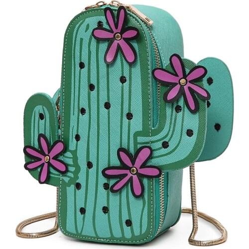 SJ Women Leather Shoulder Bags Female Messenger Bag Italy Cartoon Exclusive Fashion Design Creative Styling Funny Cactus Flower
