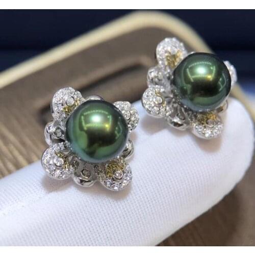 D510 Pearl Earrings Fine Jewelry 925 Sterling Silver Round 7-8mm Fresh Water Peacock Green Black Pearls Stud Earrings for Women