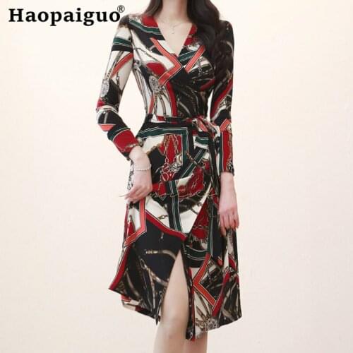 Plus Size 2019 Summer Print Bodycon Bandage Dress Women V-neck Long Sleeve Wrap Midi Dress Women Casual Ladies Dresses Elegant