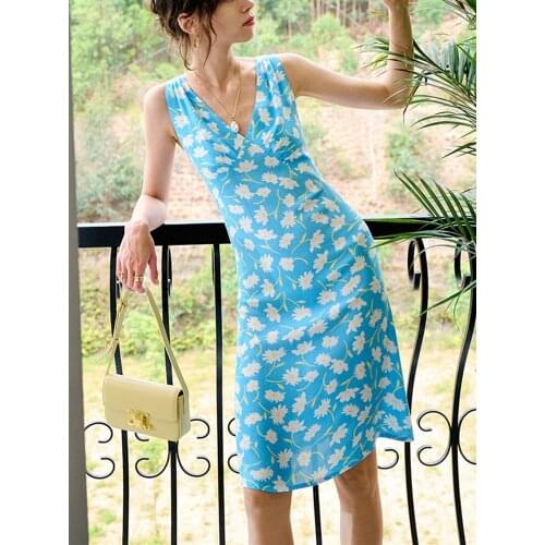 Floral Print Women Holiday Sling Dress 2021 Spring Summer Lady Sleeveless Romantic Slim Waist V-neck Short Dresses