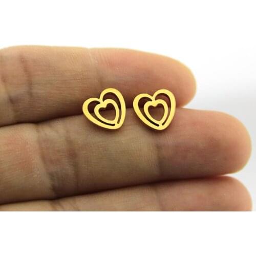 1Pair Cute Double Heart Earrings Stainless Steel Earring Gold Color Love Ear Studs Jewelry For Women Kids Girls