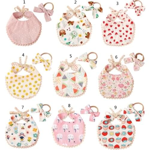 2 Pcs/Set Baby Feeding Drool Bib Floral Headband Set Lace-up Tassel Saliva Towel Soft Cotton Triangle Bandana Burp Cloth