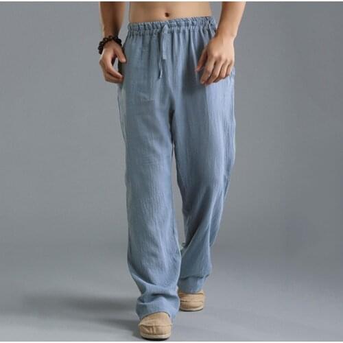 2021 Solid Vintage Drawstring Cotton Linen Trousers Spring Casual Mid Waist Mens Sports Pants Autumn Loose Male Straight Pants