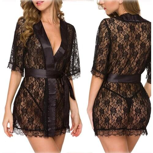 2021 Womens Sexy Lingerie See Through Robes Sheer Mesh Nightgown Floral Lace Robes Female Porn Sleepwear