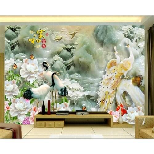 Beibehang papel de parede 3d bird crane three - dimensional emerald sculpture and peacock peony landscape wall wallpaper