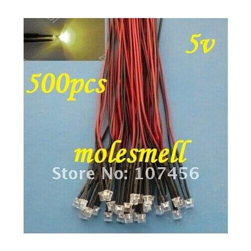 Free shipping 500pcs Flat Top warm white LED Lamp Light Set Pre-Wired 5mm 5V DC Wired 5mm 5v big/wide angle warm white led