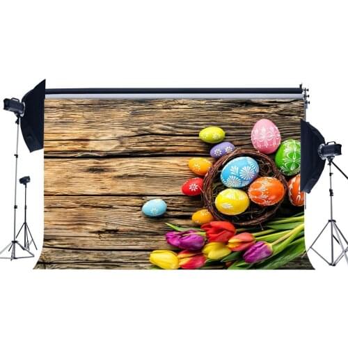 Happy Easter Backdrop Painted Eggs Blooming Flowers Bird Nest Rustic Stripes Wood Plank Spring Photography Background