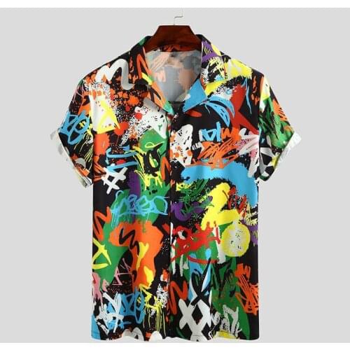 Fashion Graffiti Printed Shirt Mens 2021 Summer Casual Loose Contrast Color Graffiti Beach Print Short-sleeved Shirt Mens Top