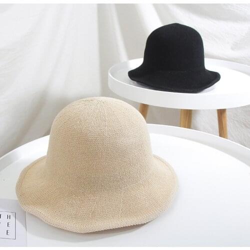 H7647 Cotton Hemp Bucket Hat Women Summer Sunshade Sunscreen Basin Fisherman Cap Female Solid Color Knitted Korean Folding Hats