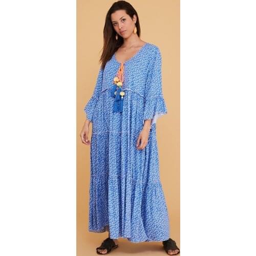 Crispy Pattern Tasseled Viscose Fabric For Women Blue Color Long Boho Dress Bohemian Style Clothing 2021 New Fashion Xs To 5xl