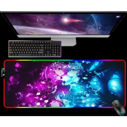 Anime Re Zero Rem Emilia RGB Gaming Accessories Mausepad Mouse Pad Gamer Desk Mat Mousepad Keyboards Computer Mause Pad Play Mat