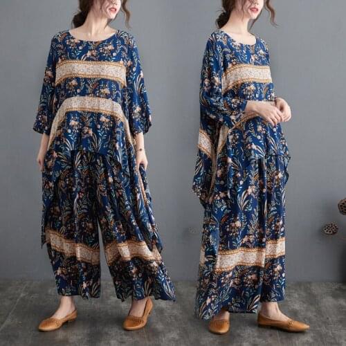 Two Piece Set Women Summer New Vintage Cotton Linen Print Five-Point Sleeve Irregular T-Shirt Top+Wide Leg Trousers Female Suit