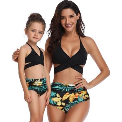 Swimsuit new sexy cute parent-child printed high waist split bikini ruffled mother and daughter cotton fabric suit