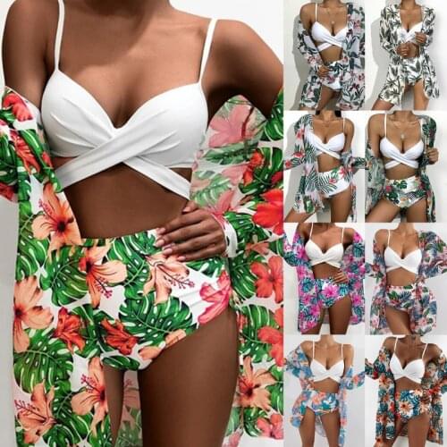 Swimsuit Three Pieces Women Floral Printed Sexy Bikini Push-Up Padded Swimwear Ruffle Swimsuit High Waist Beachwear купальник