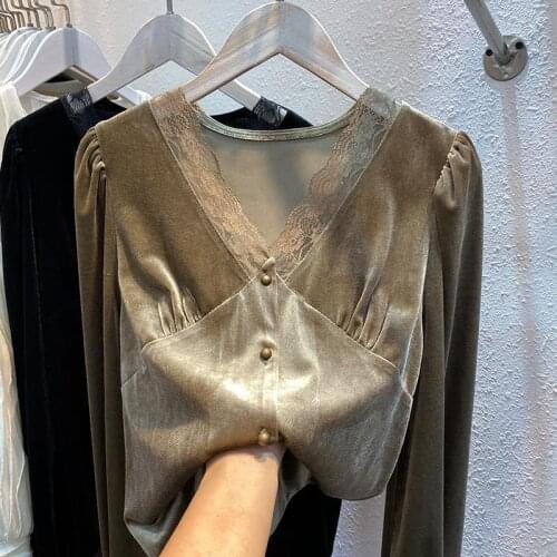 Patchwork Lace Sexy V-Neck Velvet Pullover Tops Women Autumn Solid Slim Long Sleeve T-Shirt Elegant Bottoming Shirt Y466