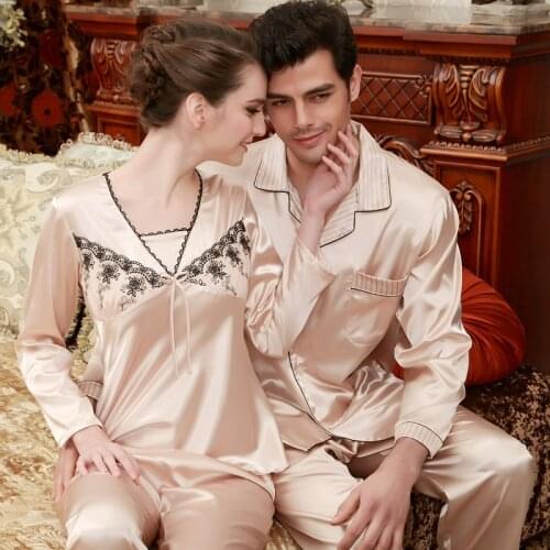 Mens and Womens New Imitation Silk Long Sleeve Pajamas Adult 2pcs Silk Nightgown Large Size Couples Sleepwear Nightwear B-5840
