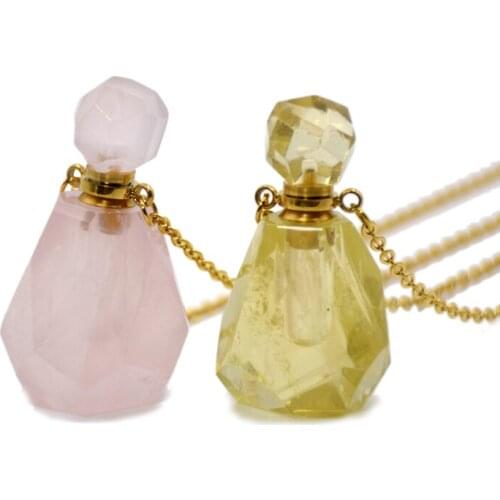 Genuine Rose Quartzs citrines Perfume Bottle Natural Gems faceted stone Essential Oils Diffuser Pendant Crown Chakra Necklace