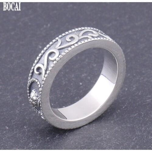 BOCAI New 100% solid s925 pure silver Tang grass pattern crown ring female students simple personality wild fashion man ring