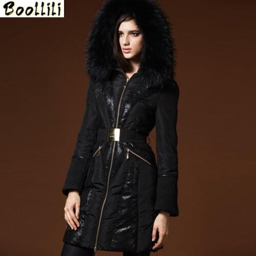 Boollili Winter Duck Down Jacket Women Long Down Coat Hooded Big Raccoon Fur Collar Korean Slim Lace Womens Down Jackets