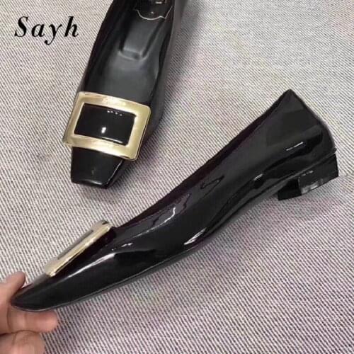 Mules Shoes Women Patent Leather Flat Causal Metal Buckle Shoes Low Heels Office Lady Pumps