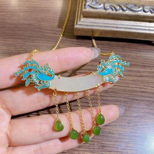 Vintage national style pure silver inlaid natural and Tianyu jade lussou necklace chain color jade accessories woman