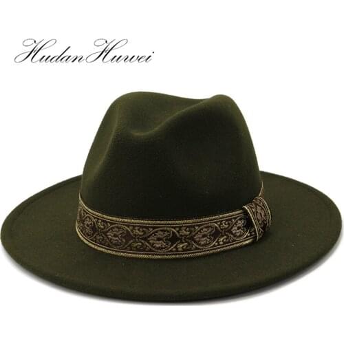 2020 New Fashion Oversized Wide Brimmed Wollen Fedora Hat Jazz Panama Black White Yellow Black Red Solid Cotton Top Hat Caps